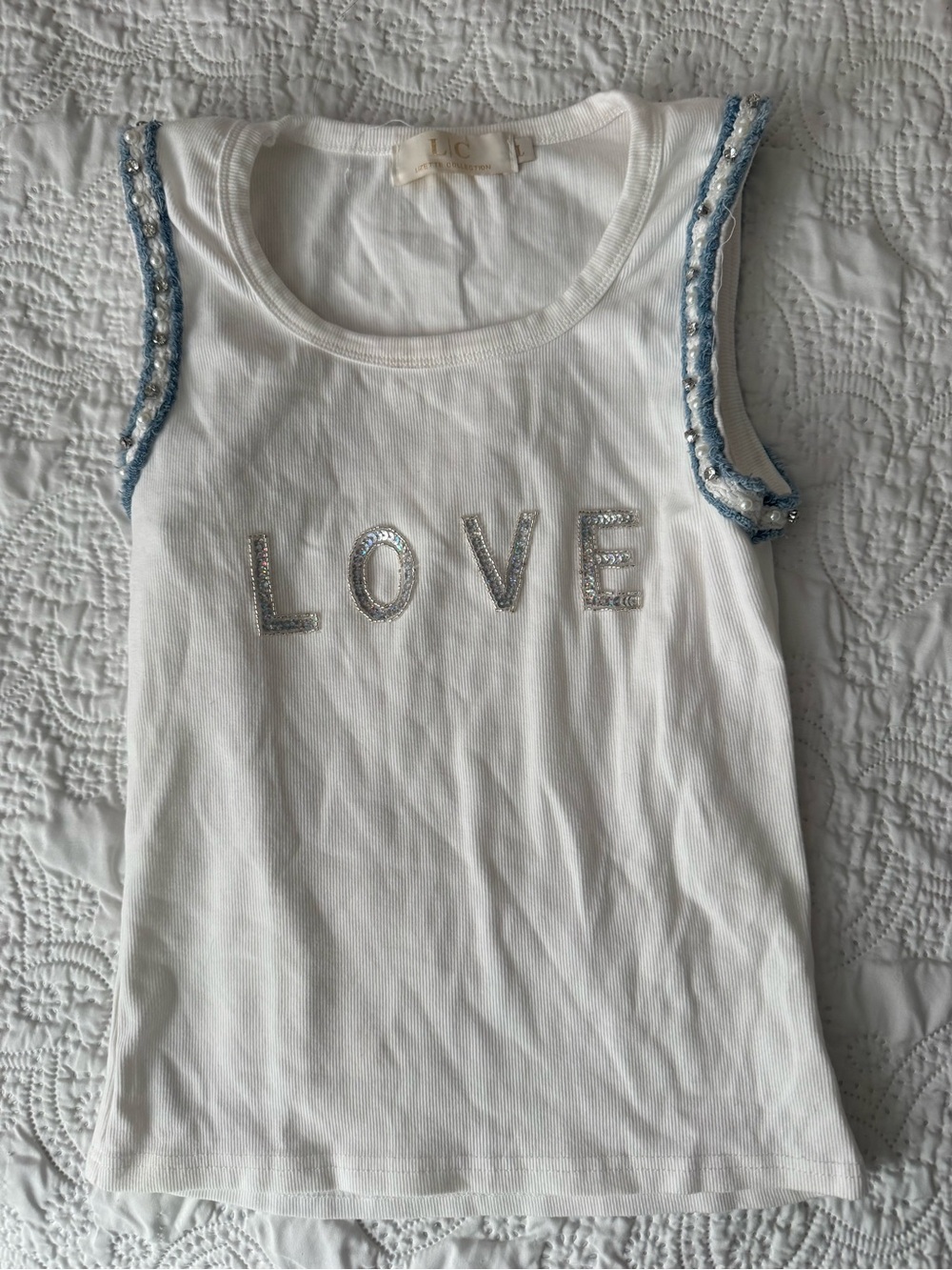 White Sequin 'LOVE' Tank Top with Blue Trim